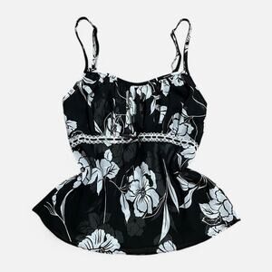 VTG Y2K Secret Treasures Sheer Black & White Floral Print Milkmaid Cami Top M